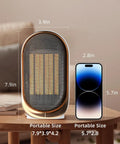 Portable Mini Space Heater With 1000W Heating, 2 Speed Fan next to smartphone for size comparison on table.