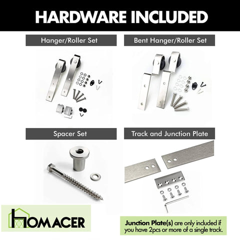 Brushed Nickel Single Track Bypass Sliding Barn Door Hardware Kit components including hangers, spacers, track, for double doors.
