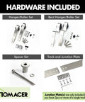 Brushed Nickel Single Track Bypass Sliding Barn Door Hardware Kit For Double Doors Featuring Nine Foot Flat Rail and Slick Heavy Duty Rollers For No Fuss Install included components.