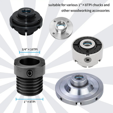 Lathe Headstock Spindle Adapter converts three quarter inch by sixteen TPI to one inch by eight TPI with blackened rust resistant finish