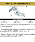 Heavy Duty 3/8 Inch Flexible Metal Conduit Strap With Knockout One Hole Grip for AC MC cable mounting, dimensions shown.