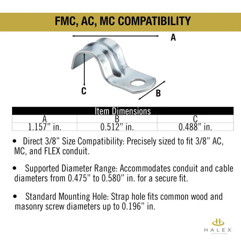 Heavy Duty 3/8 Inch Flexible Metal Conduit Strap With Knockout One Hole Grip for AC MC cable mounting, dimensions shown.