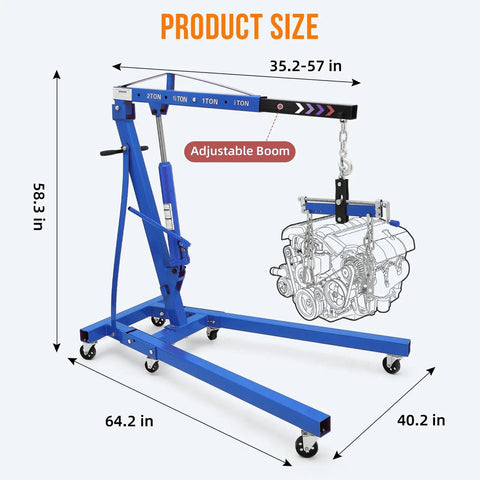 Heavy Duty Hydraulic Engine Hoist Cherry Picker 4400 Lbs Capacity Rock Solid Blue Shop Crane dimensions with adjustable boom and engine illustration.