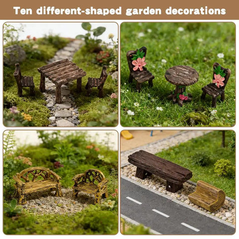 Fairy Garden Miniature Table And Chairs Set, 10 Pcs Resin Benches And Dining Kit, Hand Painted Micro Landscape Decor