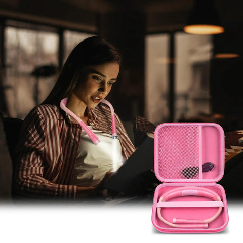 Woman using LED neck reading light beside a pink universal case for LED neck reading light, portable storage holder shown open