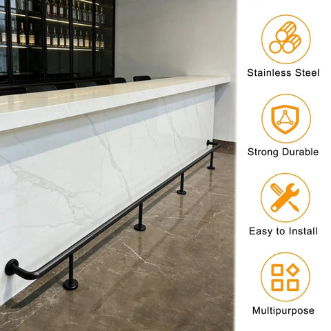 Bar Foot Rail Kit Stainless Steel Under Counter Mount Hardware With Foot Pedal in black finish at a bar counter