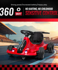 Red 24V electric go kart drift ride on toy for kids and adults with easy steering and adjustable seat on racetrack.