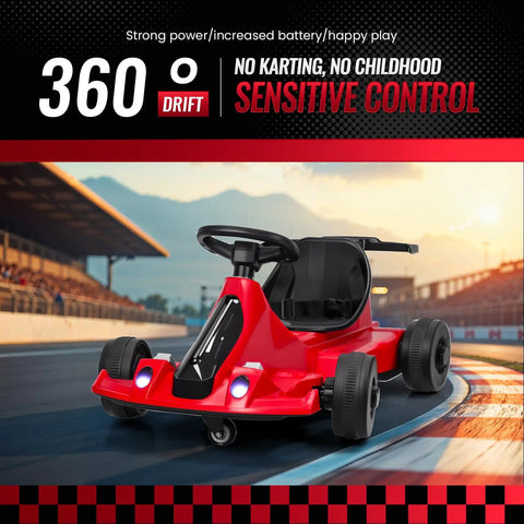 Red 24V electric go kart drift ride on toy for kids and adults with easy steering and adjustable seat on racetrack.