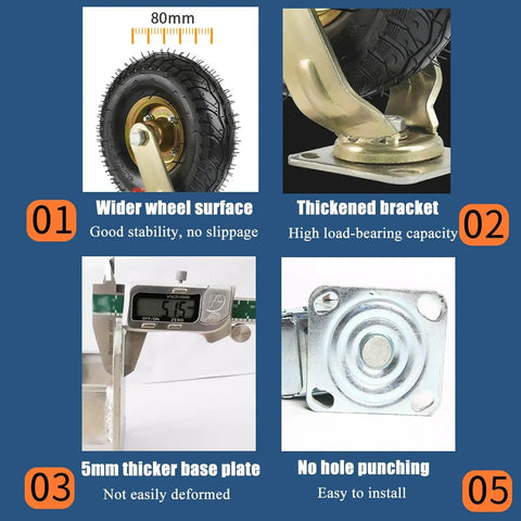 2 Pack Heavy Duty Inflatable Rubber Trolley Wheels With Swivel Caster Design For Zero Roll Resistance And Pro Grade Load Bearing Support Built Like A Boss To Handle Any Rough Job Smoothly close-up of caster features including wider wheel surface and thickened bracket.