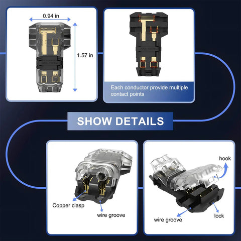 Details of Three Way T Tap Wire Splitter Connectors for 16-20 AWG, showing copper clasp and wire grooves, 10 pack.