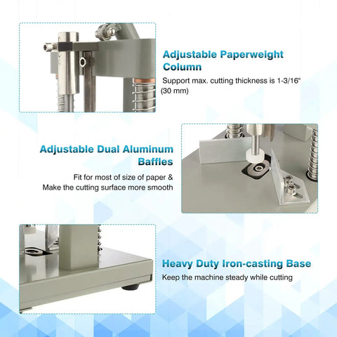 Close-up of Beefy A3 Corner Cutter Machine With R6 And R10 Fillet Radius for one point two inch thickness paper, showing adjustable column.