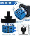 Rotary Changeover Switch 3 Position 2 Pole 8 Terminal Cam Switch ON OFF ON 660V 20A; dimensions and design details shown.
