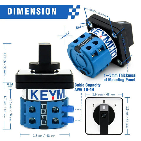 Rotary Changeover Switch 3 Position 2 Pole 8 Terminal Cam Switch ON OFF ON 660V 20A; dimensions and design details shown.