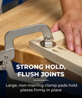 Heavy Duty Three Inch Face Clamp For Woodworking views clamp holding wood pieces firmly on a workbench for flush joints.