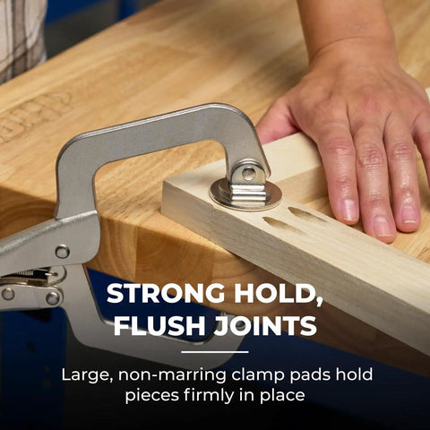 Heavy Duty Three Inch Face Clamp For Woodworking views clamp holding wood pieces firmly on a workbench for flush joints.