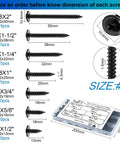 140 Piece Black Wafer Head Wood Screws And Deck Screw Assortment Kit dimensions and sizes display with black screws.