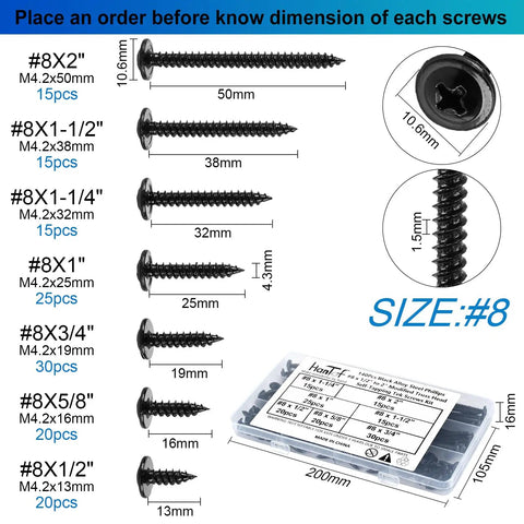 140 Piece Black Wafer Head Wood Screws And Deck Screw Assortment Kit dimensions and sizes display with black screws.