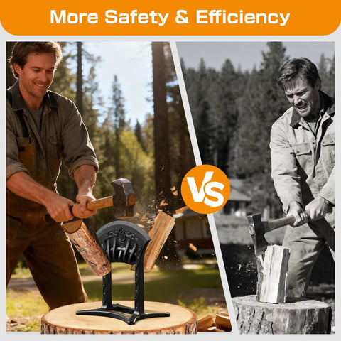 Comparison of Kindling Splitter For Wood No Axe Needed Manual Cast Iron Log Splitter with traditional axe splitting wood outdoors.