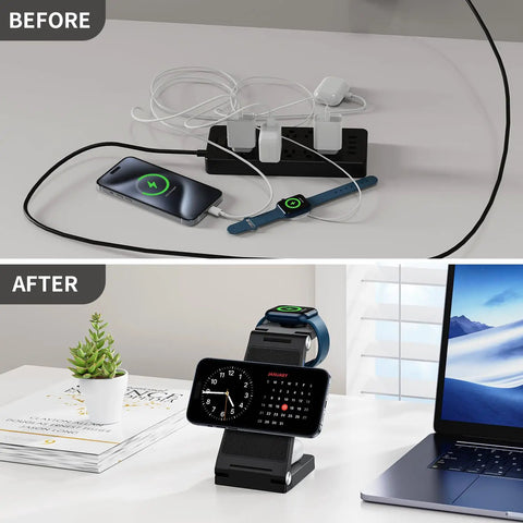 Before and after image showing a cluttered desk with cords and a neat setup using MagSafe 3 In 1 Travel Wireless Charger With Light
