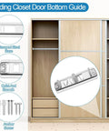 Sliding Closet Door Floor Guide Kit For 3/4 Inch To 1-3/8 Inch Doors, Adjustable Stamped Steel, White 2 Pack, Compatible With Prime-Line N 6560, shown against a wooden closet backdrop.