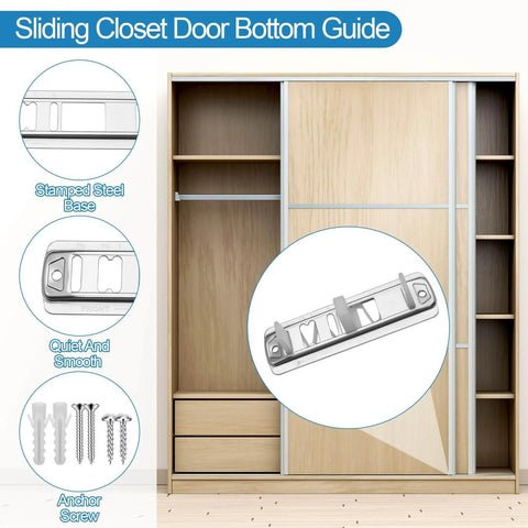 Sliding Closet Door Floor Guide Kit For 3/4 Inch To 1-3/8 Inch Doors, Adjustable Stamped Steel, White 2 Pack, Compatible With Prime-Line N 6560, shown against a wooden closet backdrop.