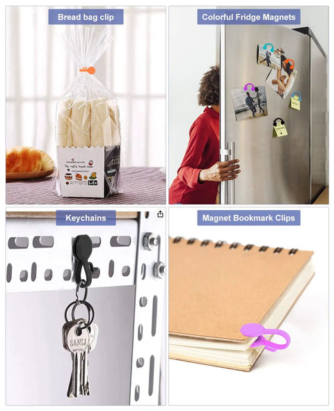 8 Pack Silicone Magnetic Cable Ties And Clips Cord Organizer used as bread bag clip, fridge magnets, keychains, and bookmark clips