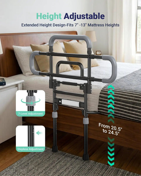 One Hand Fold Bed Rail For Seniors, 180 Degree Folding, Adjustable Height And Width, Black Safety Guard Rail in bedroom.