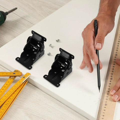 Self Locking Folding Table Leg Brackets 4 Pack, Quick Setup Hardware Hinges for furniture, shown with measuring tools