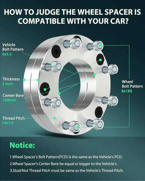 Diagram showing 2 Inch Wheel Spacers Adapters For 6x5.5 To 8x180 Bolt Pattern, 108mm Hub Bore, with components labeled, silver finish.