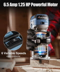 Compact Wood Router With Fixed Base And Edge Guide For Precise Edges, 6.5 Amp Power, 1.25 HP in use on wood surface