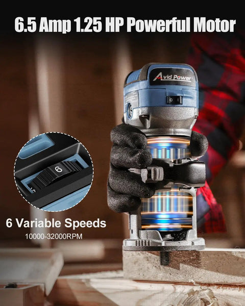 Compact Wood Router With Fixed Base And Edge Guide For Precise Edges, 6.5 Amp Power, 1.25 HP in use on wood surface