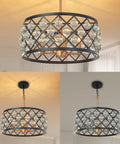 17.8 Inch Crystal Chandelier Pendant Light With Large Round Black Metal Frame And Crystal Ball Orbs, Modern Vintage Vibe With Gold Accents, Ideal Dining Room Ceiling Fixture Over Table, Great For Living Room Or Kitchen Island