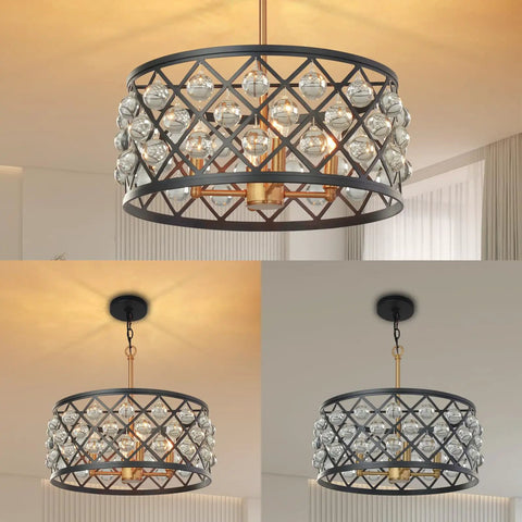 17.8 Inch Crystal Chandelier Pendant Light With Large Round Black Metal Frame And Crystal Ball Orbs, Modern Vintage Vibe With Gold Accents, Ideal Dining Room Ceiling Fixture Over Table, Great For Living Room Or Kitchen Island
