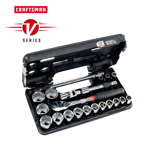 Open case of V Series Shallow SAE Socket Set Half Inch Drive 21 Piece With Six Point Sockets Off Corner Construction