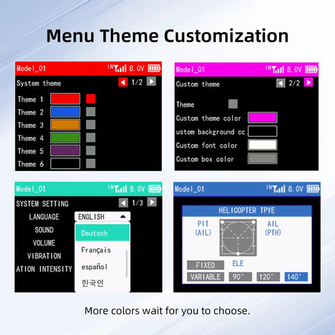12 Channel RC Transmitter menu theme customization interface with color options and settings.