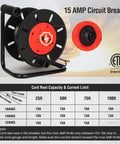 Portable Extension Cord Storage Reel With Hand Crank, 15 Amp Overload Switch, ETL Listed, shown with cord capacity chart.