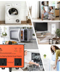 Collage featuring an orange Washing Machine Surge Protector With Time Delay Keeps Your Gear Safe From Power Drama Brownouts Spikes Surges And All Voltage Fluctuations For Home Appliances, showing various home appliances like washing machine, dishwasher, and microwave.