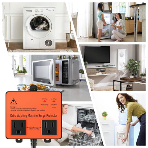 Collage featuring an orange Washing Machine Surge Protector With Time Delay Keeps Your Gear Safe From Power Drama Brownouts Spikes Surges And All Voltage Fluctuations For Home Appliances, showing various home appliances like washing machine, dishwasher, and microwave.