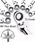 12 Piece SAE Flex Head Ratcheting Wrench Set With One Quarter Inch To Seven Eighths Inch Wrenches In Chrome Vanadium Steel Construction And Handy Organizer Bag showing 180° flex head and 72-tooth ratchet details.