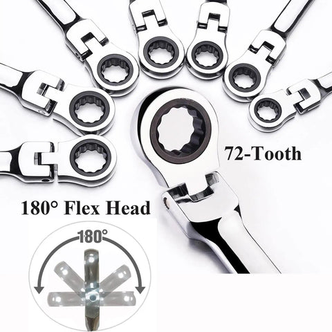 12 Piece SAE Flex Head Ratcheting Wrench Set With One Quarter Inch To Seven Eighths Inch Wrenches In Chrome Vanadium Steel Construction And Handy Organizer Bag showing 180° flex head and 72-tooth ratchet details.