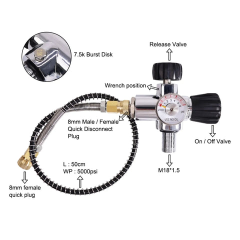 M18x1.5 DIN Valve Scuba Adapter For Paintball Fill Station With High Pressure Gauge 4500 PSI Stainless Steel Construction