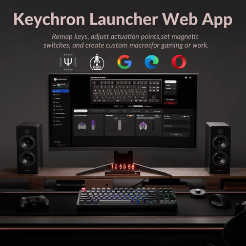 Keychron Launcher Web App displaying Premium TKL Wired Hall Effect Mechanical Keyboard Featuring Magnetic Switches with RGB lighting.
