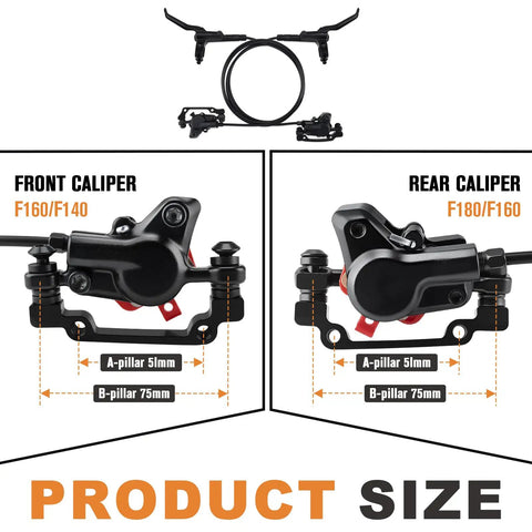 Diagram of 4 Piston Hydraulic Disc Brakes Set for Mountain Bike and E Bike With Front Left Hose 80cm and Rear Right Hose 150cm