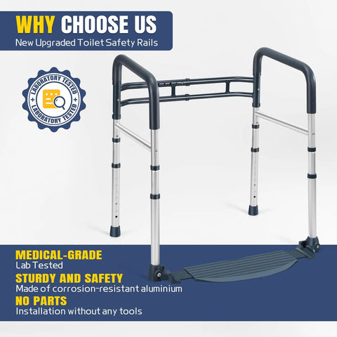 Heavy Duty Bathroom Safety Rails With Footrest And Non Slip Rubber Feet Straight Up Solid Support For Seniors mounted on toilet.