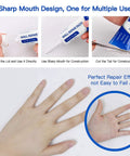 2 Pack White Spackle Wall Repair Paste Kit With Scraper And Nozzle Extenders usage instructions and hand application showing repair effect.