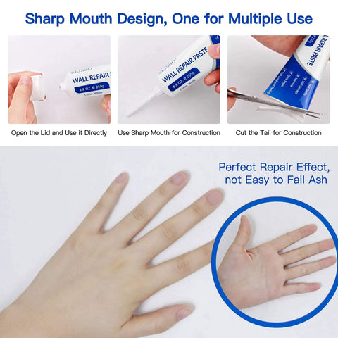 2 Pack White Spackle Wall Repair Paste Kit With Scraper And Nozzle Extenders usage instructions and hand application showing repair effect.