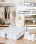 20 Pack Tshirt Organizer Stackable Closet Shelf Storage For Folded Clothes showing dimensions and trays with stackable feet.