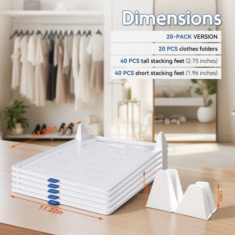 20 Pack Tshirt Organizer Stackable Closet Shelf Storage For Folded Clothes showing dimensions and trays with stackable feet.