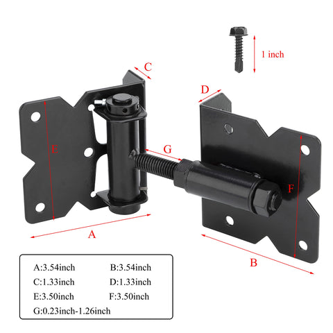 Self Closing Gate Hinges Kit Adjustable Heavy Duty Hardware For Wood Vinyl Metal Outdoor Fences Built To Last Tough As Nails 90 Degree Swing Includes Self Tapping Screws And Swing Adjuster Tool Two Pack Black Finish, showing hinge measurements.