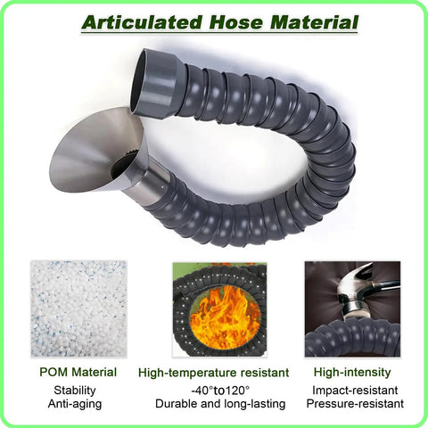 No Fuss Adjustable Fume Extractor Arm With Stainless Steel Hood And Heavy Duty Flexible Smoke Hose showing articulated POM extraction hose.